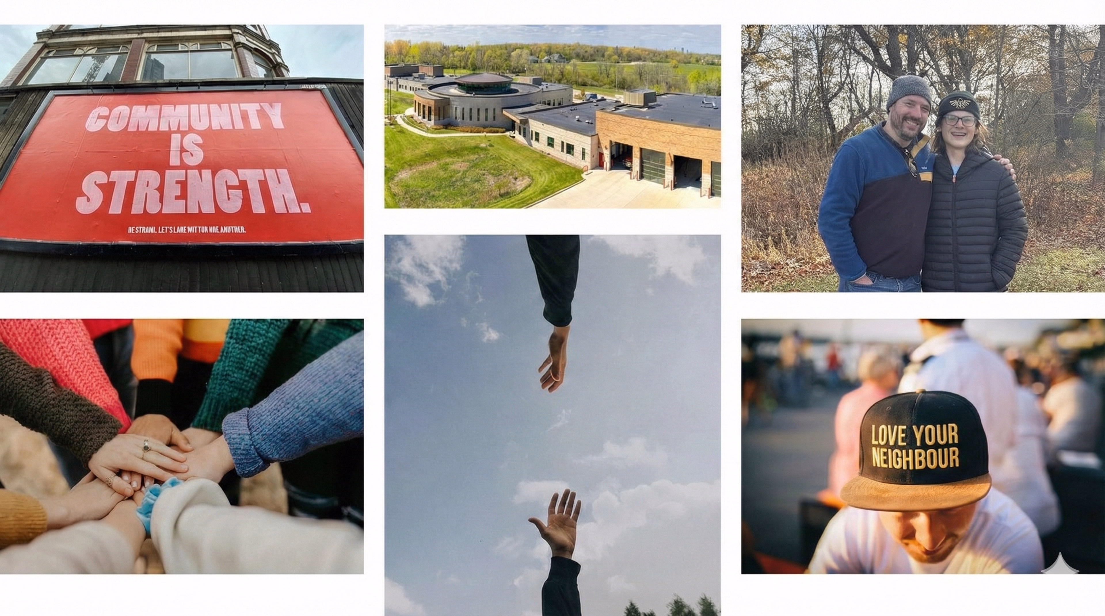 Aerial view of St. Francis community buildings, community members, and candidate Matt Damon.